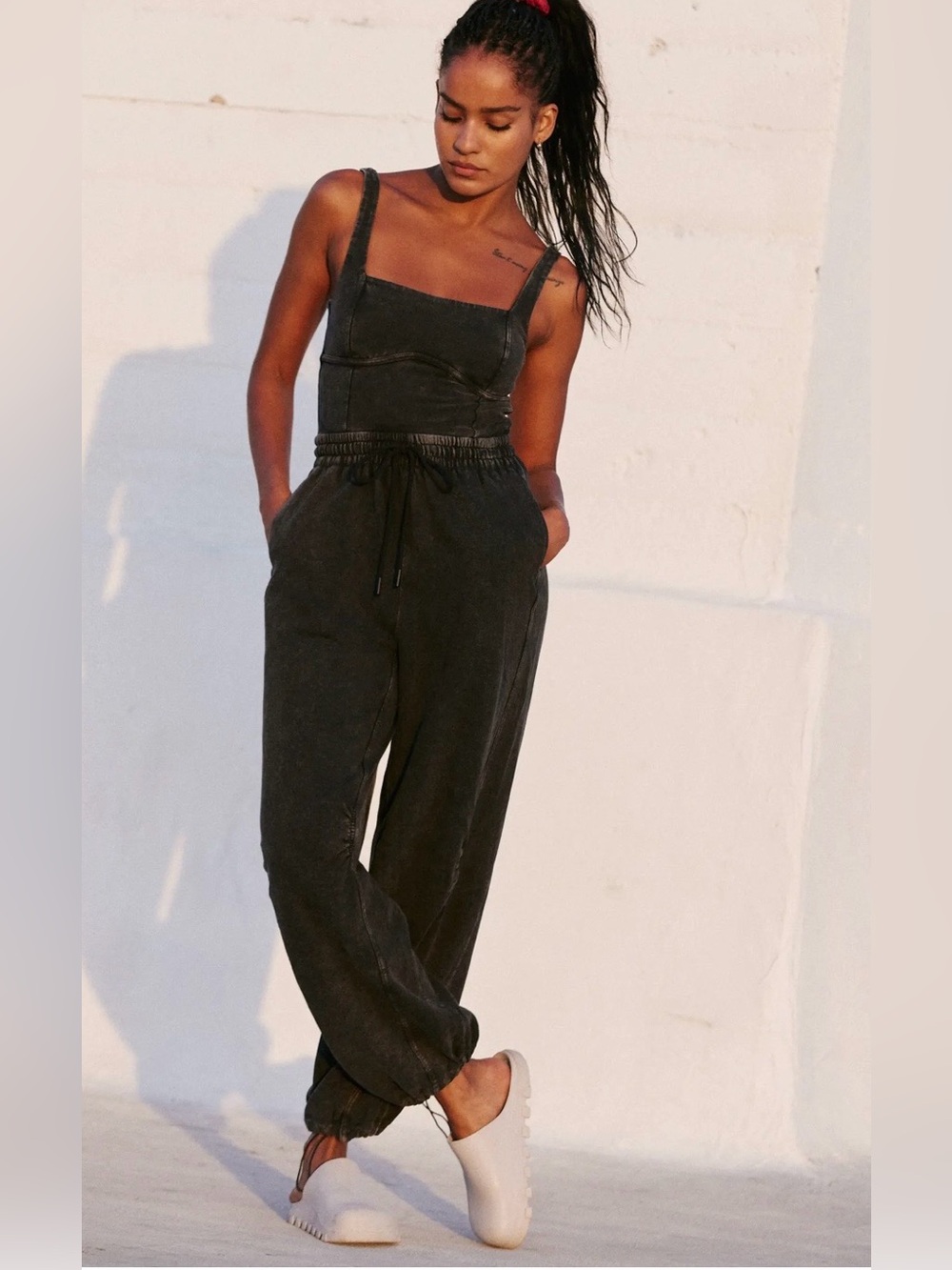 Free People Washed Black Wide-Leg Cotton Jumpsuit - Picture 6 of 9